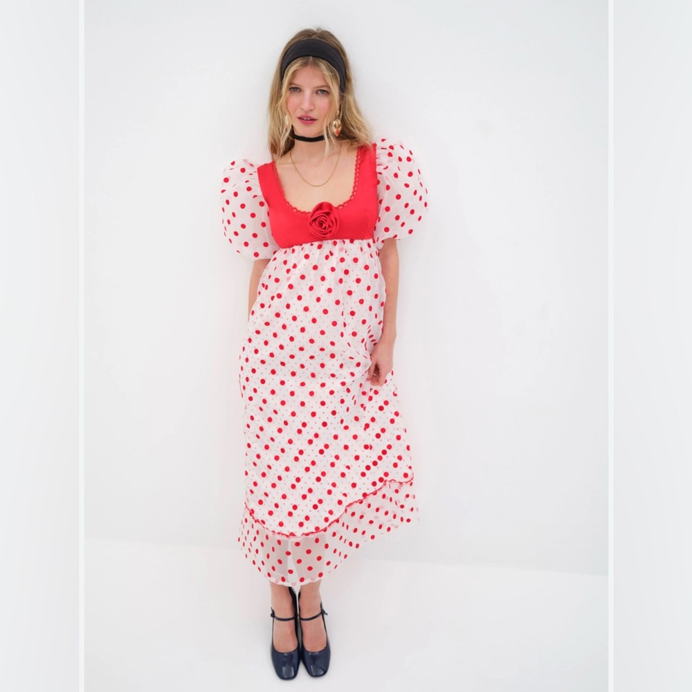 NWT For Love and Lemons Rhoda Red Polka Dot Midi Maxi Dress Size XS